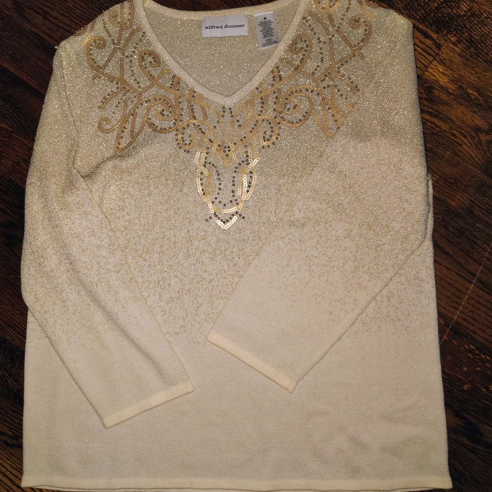 Alfred Dunner Ivory and Gold V-Neck Sweater
